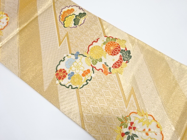 JAPANESE KIMONO / VINTAGE FUKURO OBI / SILK / WOVEN SNOWFLAKE & BRANCH UME